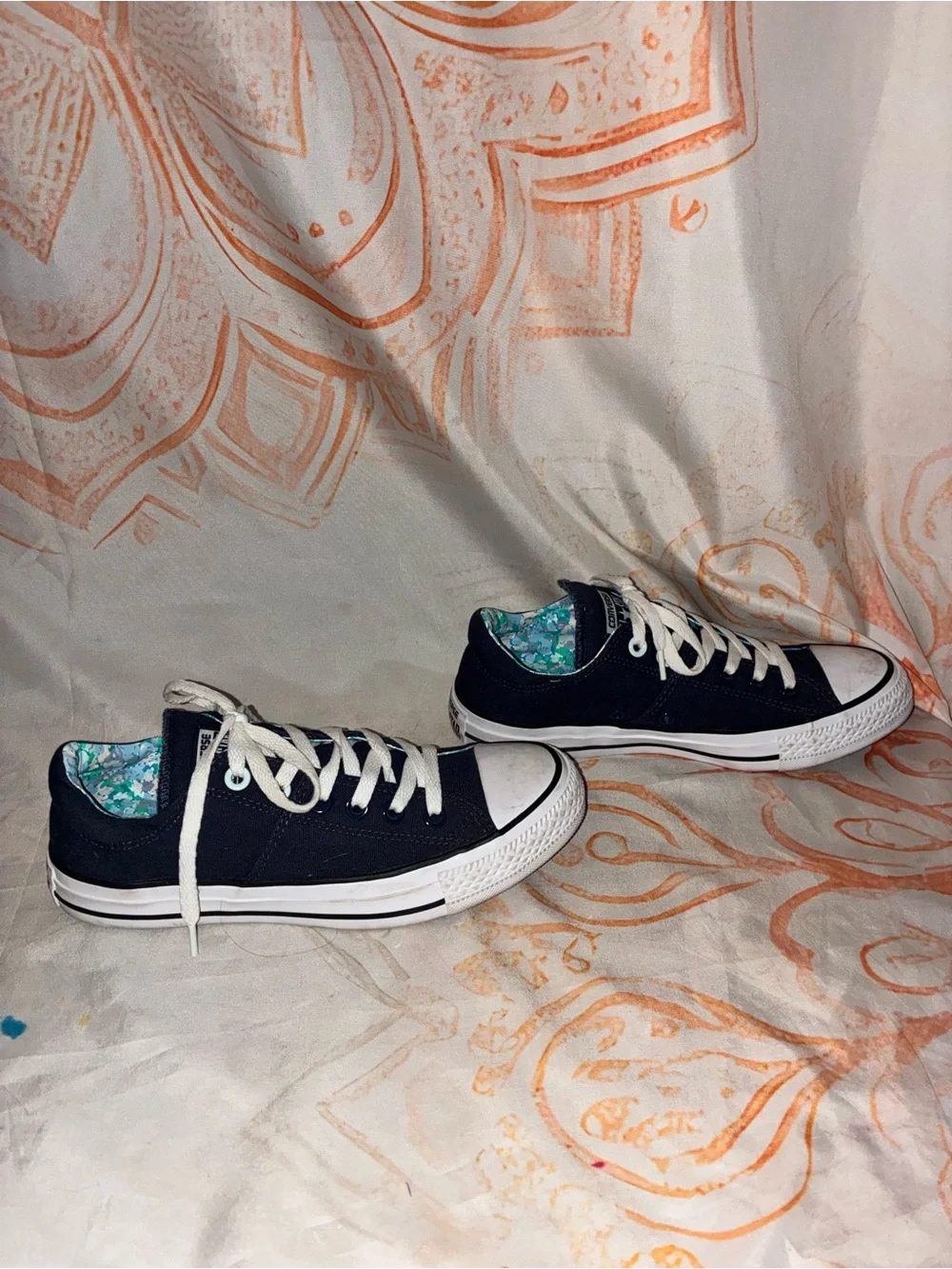 Converse Low-Top Canvas Sneakers in Navy and White with Floral Lining